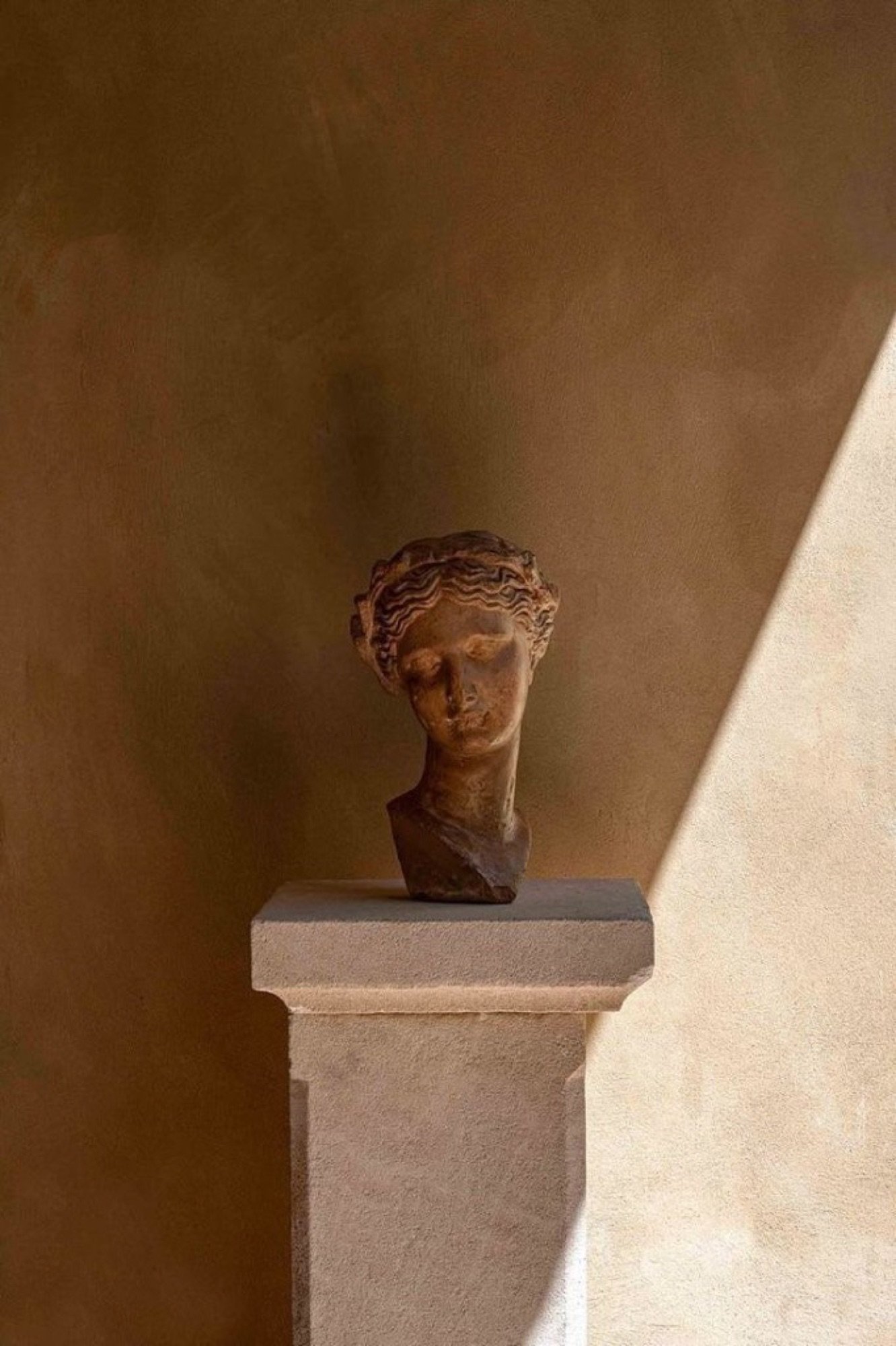Busto clássico sobre um pedestal, contra uma parede de tom terroso e um recorte de luz.